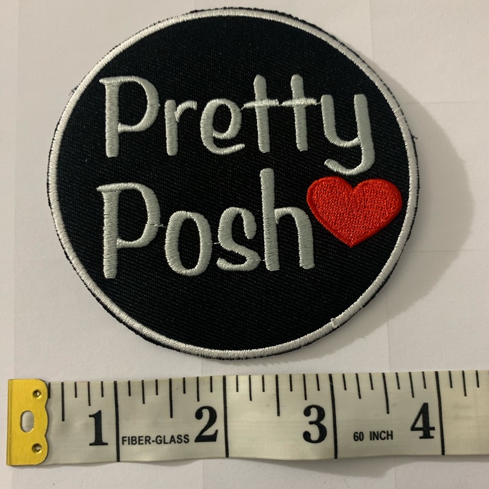 New “Pretty Posh” circle patch. Black w/ white lettering and red Heart. - Picture 2 of 4